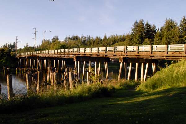 The Young Street Bridge crossing the Wishkah River at golden hour